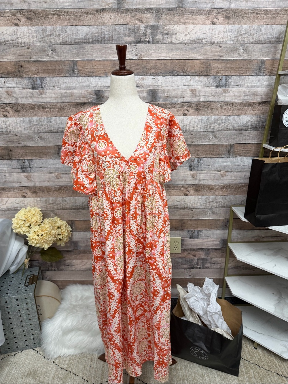 Maeve Orange and Cream Paisley Flutter-Sleeve Maxi Dress